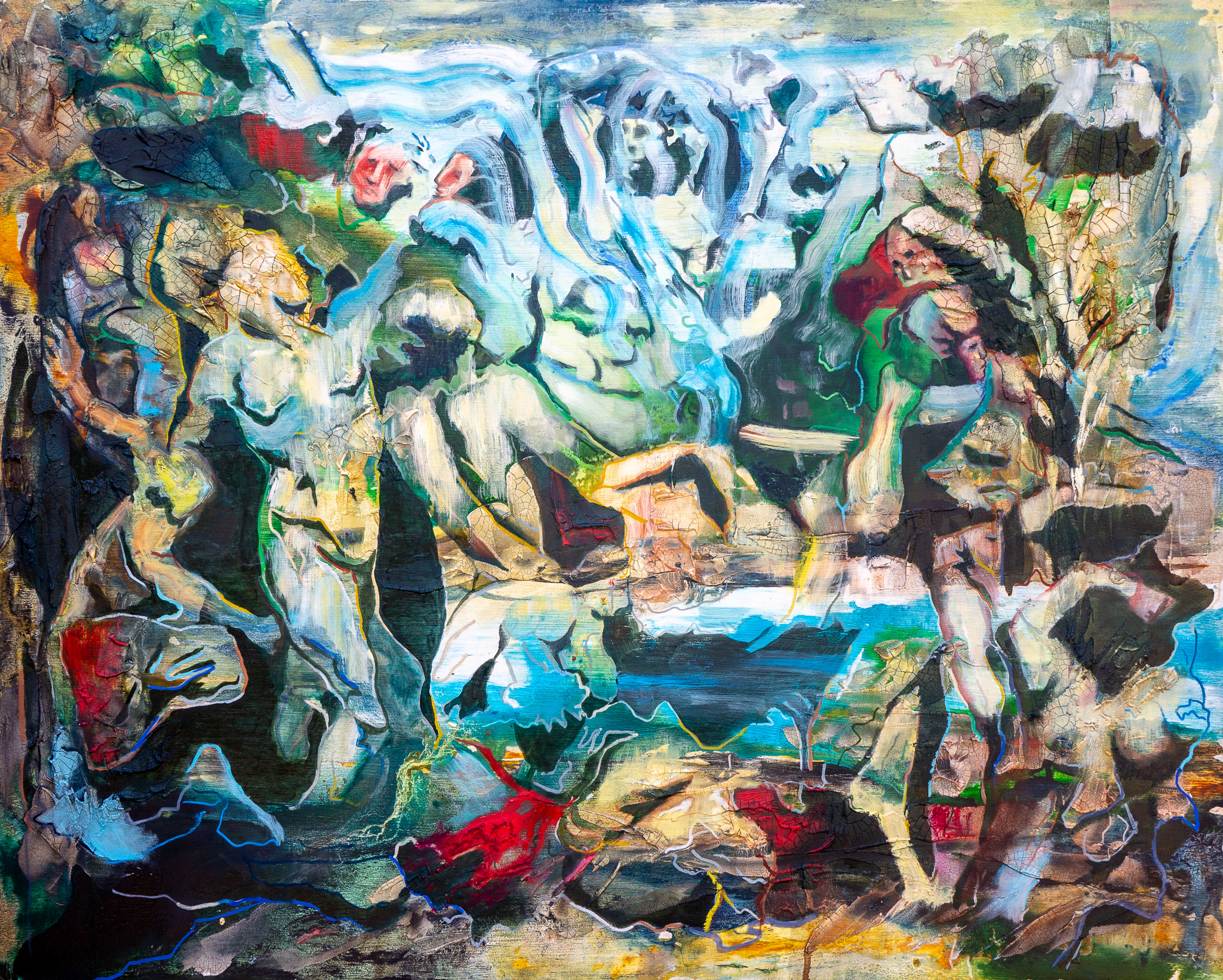 abstract painting of bodies and landscape in blues, yellows, blacks